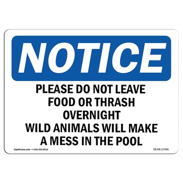 Safety Sign, OSHA Notice, 12" Height, Please Do Not Leave Food Or Trash Overnight Sign, Landscape
